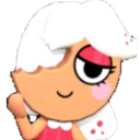 A cartoon cookie character with white hair and pink makeup giving a smug side-eye glance.