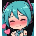 Hatsune Miku with teal hair and headphones blushing with a happy smile and floating hearts.