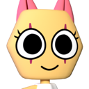 Cartoon character head with oversized eyes and a small smile looking directly forward.