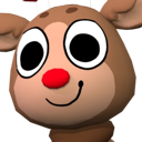 A cute 3D reindeer with large eyes and a bright red nose smiling.