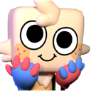 A block-headed character with large eyes and a smile reaches forward with blue and pink gloved hands.