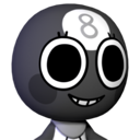An anthropomorphic black 8-ball character with large eyes and a wide, mischievous grin.