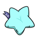 A light blue star-shaped pillow with a small purple tag attached to the side.