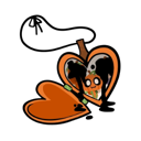 A heart-shaped locket is open, revealing a small, dark-haired creature peeking out from inside.
