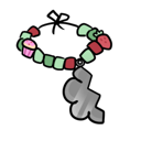 Necklace with green beads, strawberry and cupcake charms, and a large gray pendant.