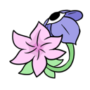 A pink flower and a purple flower with a large human eye in the center.