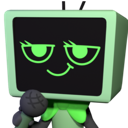 A green television-headed character with a smug expression holding a microphone.