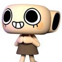 A stylized 3D character with a disproportionately large head and wide grin holds its hands together in a shy, polite gesture.