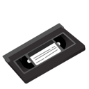 VHS cassette tape shown at an angle with a white label.