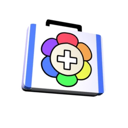 First aid kit with a colorful flower pattern and a white medical cross symbol.