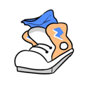 A cartoon sneaker with an orange side panel and a blue lightning bolt design.