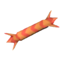 A wrapped candy with orange and yellow diagonal stripes.