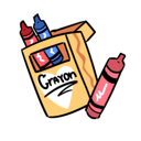 A yellow box of crayons with a single red crayon resting next to it in a hand-drawn style.