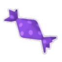 A purple wrapped candy with white polka dots and a white outline.