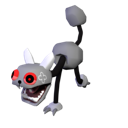 A low-poly gray monster with glowing red eyes and a wide, sinister grin.