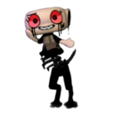 A dark creature with red eyes and a wide, sinister grin peeking out from behind a light blue edge.
