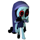 A pale, humanoid character with a purple hood and one glowing red eye looking distressed and glitchy.