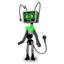 A blocky robot with a monitor head and glowing green eyes showing a grumpy expression.