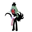 A mysterious creature with a single large red eye and flowing green hair on a black background.