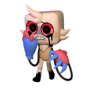 A blocky, stylized creature with wide, bleeding red eyes and a panicked expression.
