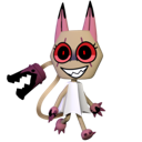 A cartoon monster with pink fur, large red eyes, and a wide, sharp-toothed grin.
