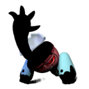 A shadowy figure with glowing red eyes and light blue armor pieces peering out from the darkness.