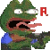 A pixelated green frog with wide eyes and an open mouth holding a weapon with a red letter R nearby.