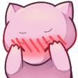 A round, pink creature with eyes closed and a large, red blush across its face, hiding behind its hands.