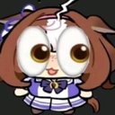 A chibi anime character with brown hair and a purple outfit staring forward with comically large, wide eyes.