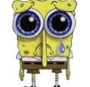 Sponge character with a sad expression and giant, teary eyes.