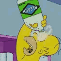 Homer Simpson pouring a bottle of bleach into his mouth in a cartoon style.