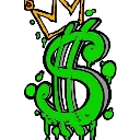 A bright green currency symbol with a golden crown on top, designed in a dripping graffiti style.