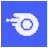 A stylized white circular icon with motion lines on a blue square background.
