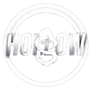 Hollow text written in a metallic font inside a white circular border.