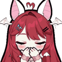 Anime girl with red hair and bat ears blowing a kiss with a blushing expression.