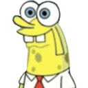 A yellow cartoon sponge with an elongated face and wide, staring eyes looking confused.