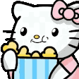 A white cat with a pink bow happily eating popcorn from a blue striped bucket.