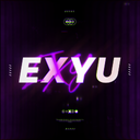 The letters EXYU in a bold white font with a purple glow effect against a dark, lined background.