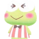 A cute green frog with a wide smile and rosy cheeks wearing a striped shirt.