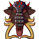 A stylized armored beast with large tusks and a spiked helmet looking forward.