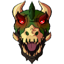 Dinosaur skull with glowing red eyes and an open mouth showing sharp teeth.