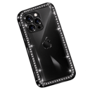 Smartphone with a black screen and a frame covered in sparkling silver diamonds.