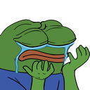 A green frog character with hands to his face, crying large blue tears.