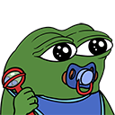 Pepe the Frog dressed as a baby with a blue pacifier and holding a red rattle.