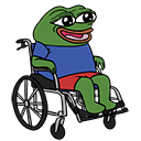 A green frog character with a wide smile sitting in a wheelchair.