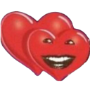 Two red hearts overlapping with a realistic human mouth smiling in the center.