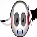 A stylized oval face with wide, dark eyes and an open mouth expressing shock.