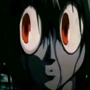 Anime face with wide red eyes and a dark, high-contrast expression of shock.