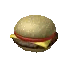 Cheeseburger rendered in a retro pixel art style with a bun, cheese, and meat patty.