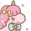 A cute pixel art unicorn with pink hair, a yellow bow, and a horn, surrounded by small sparkling stars.